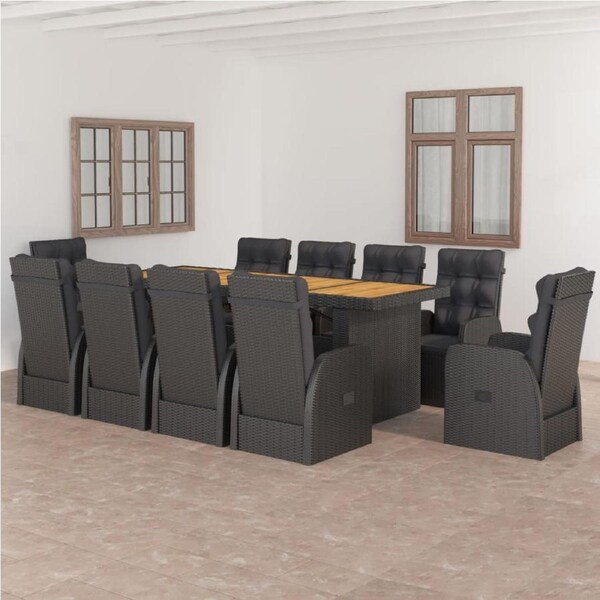 11 Piece Outdoor Dining Set with Cushions Poly Rattan Black vidaXL