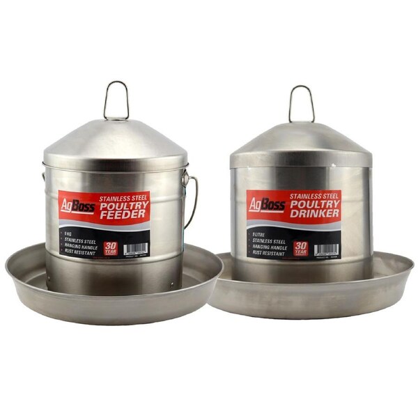 AgBoss 9L Stainless Steel Poultry Drinker & 9kg Feeder Set - PSET8