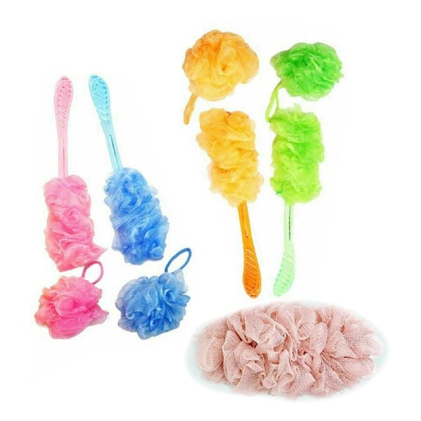 2 Sets Mesh Body Scrubber Long Handle Bath Brush Sponge Puff Shower Loofah Ball