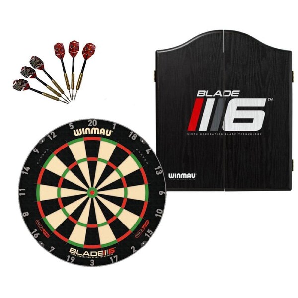 Winmau Blade 6 TRIPLE CORE Dart Board + Blade 6 Cabinet + Darts Set
