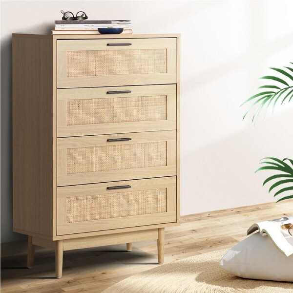 1 Artiss Storage Cabinet 4 Chest of Drawers Rattan Tallboy Pine - BRIONY