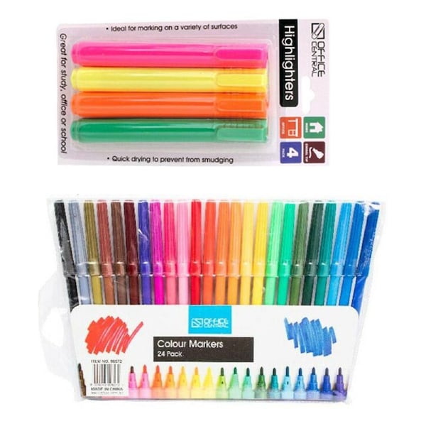 Ozoffer Markers Colour 24pk & Highlighter Pens 4pk Combo Set