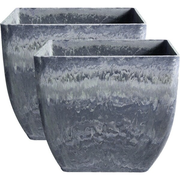 SOGA 2X 27cm Weathered Grey Square Resin Plant Flower Pot in Cement Pattern Planter Cachepot for Indoor Home Office