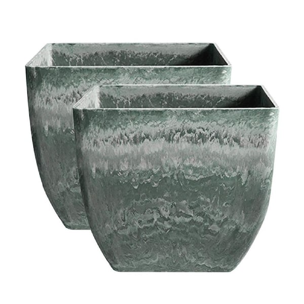 SOGA 2X 32cm Green Grey Square Resin Plant Flower Pot in Cement Pattern Planter Cachepot for Indoor Home Office