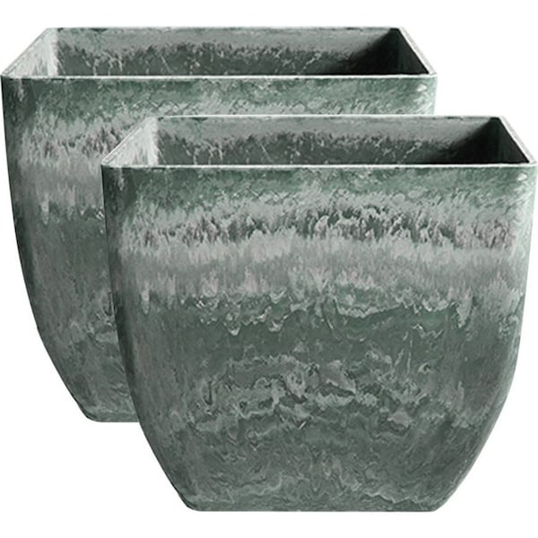 SOGA 2X 27cm Green Grey Square Resin Plant Flower Pot in Cement Pattern Planter Cachepot for Indoor Home Office