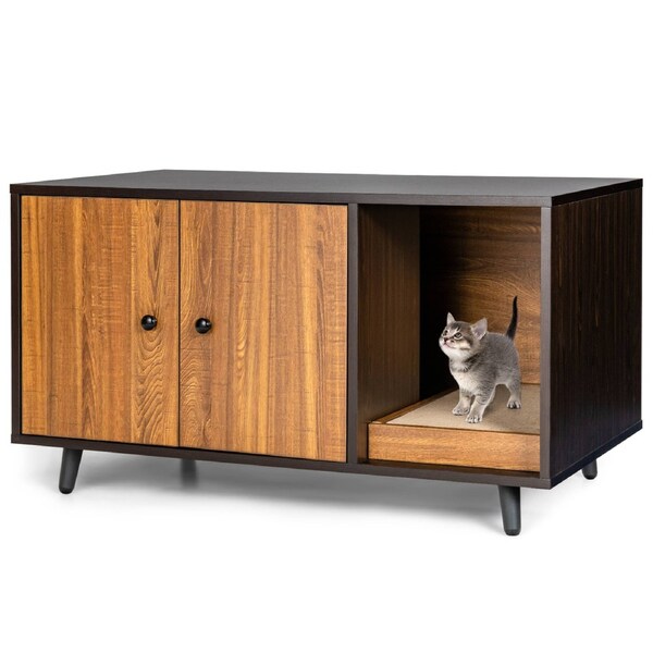 Costway Sideboard Coffee Table Wood Cat Litter Cabinet Pet House Hidden Cat Furniture w/2 Doors & Scratching Pad