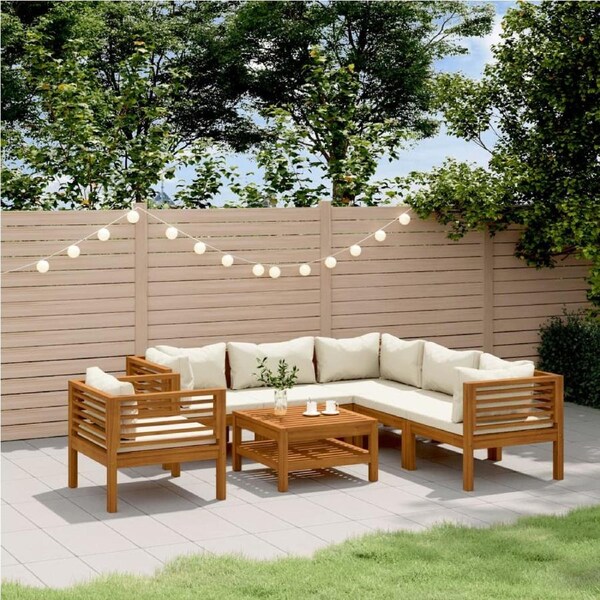 7 Piece Garden Lounge Set with Cream Cushion Solid Acacia Wood vidaXL