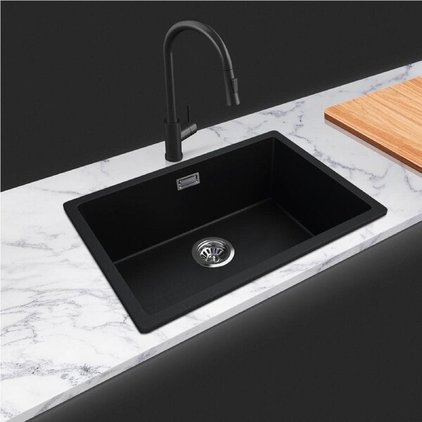 ACA Matte Black Granite Quartz Stone Single Bowl Kitchen Sink Top/Undermount 600x450x200mm Rectangle