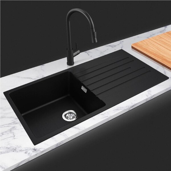 ACA Black Kitchen Sink 100x50CM Granite Quartz Stone Single Kitchen Laundry Sink Drainboard Overflow
