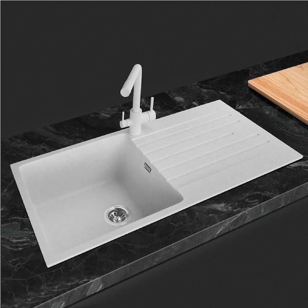 ACA White Kitchen Sink 100x50CM Granite Quartz Stone Single Bowl Kitchen Laundry Sink Drainboard w/ Waste Overflow