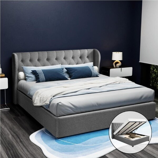 Artiss Bed Frame Queen King Double Size Gas Lift Fabric Issa King / Grey