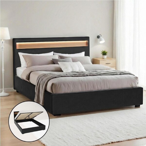 215x160 Artiss Bed Frame Bedside Tables, RGB LED Gas Lift Base Storage COLE Grey Fabric - Double