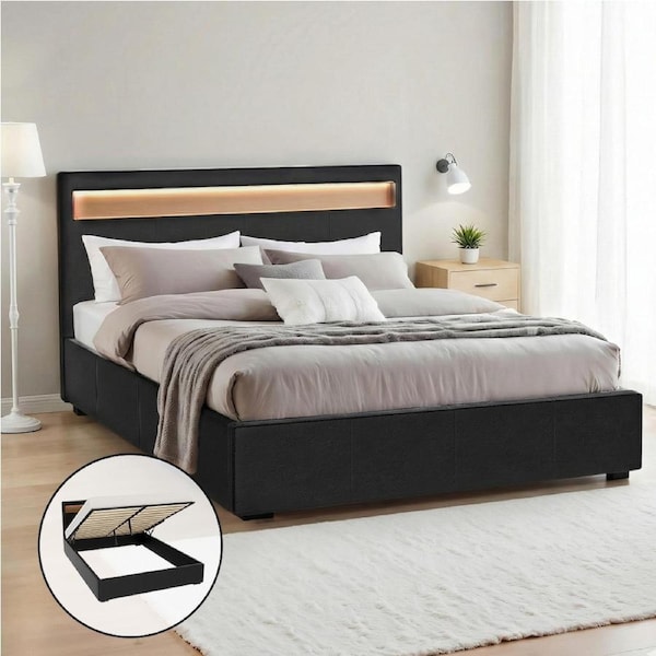 215x160 Artiss Bed Frame Bedside Tables, RGB LED Gas Lift Base Storage COLE White Leather - Double