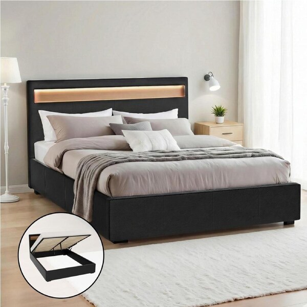 215x160 Artiss Bed Frame Bedside Tables, RGB LED Gas Lift Base Storage COLE Black Leather - Queen