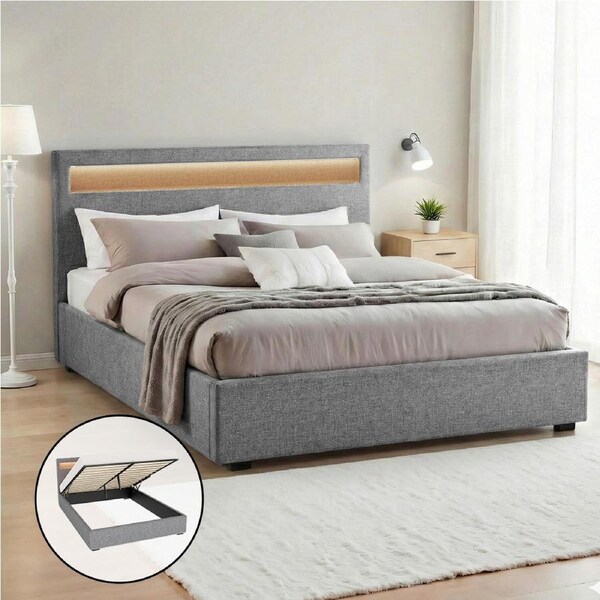 215x160 Artiss Bed Frame Bedside Tables, RGB LED Gas Lift Base Storage COLE Grey Fabric - Queen
