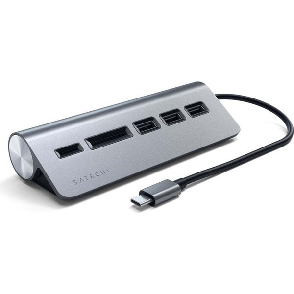 Satechi Space GRY Aluminium USB-C Male To Female USB 3.0 Hub/Card Reader Adapter