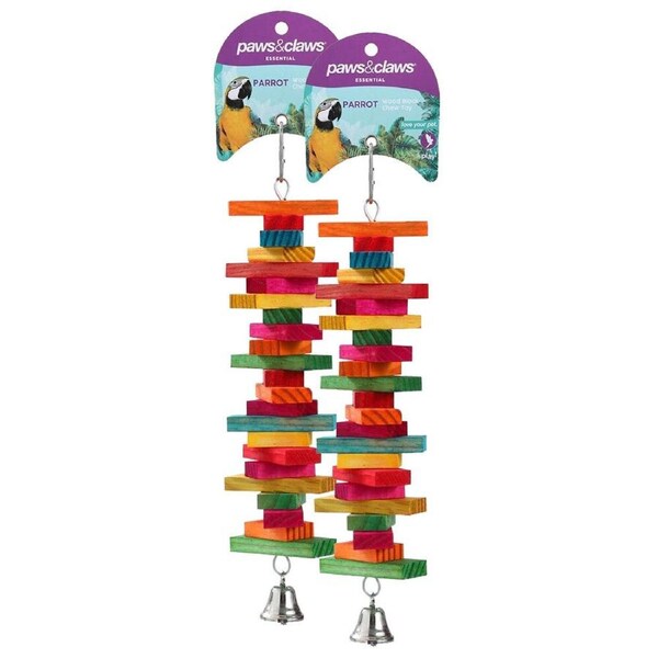 2x Paws & Claws Parrot Pet 30cm Hanging Wood Block Interactive Chew Toy w/Bell