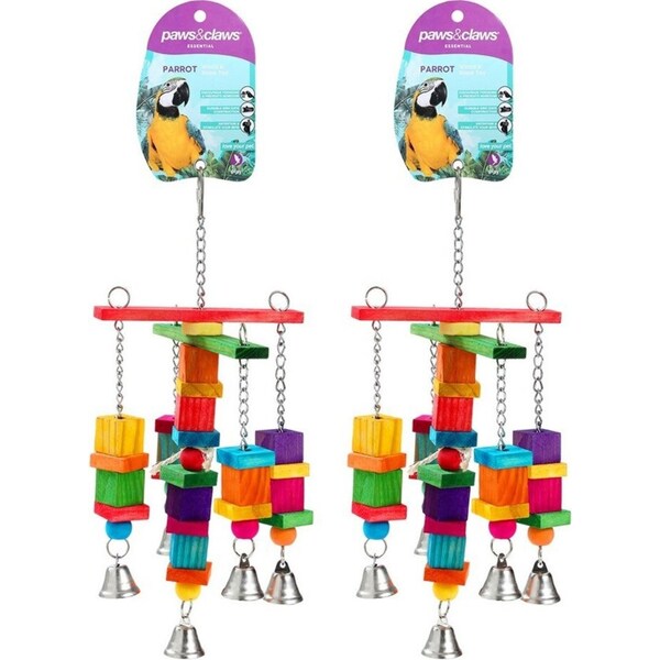 2x Paws & Claws Parrot/Birds Hanging 35cm Wood Rope Interactive Toy w/Bell Large