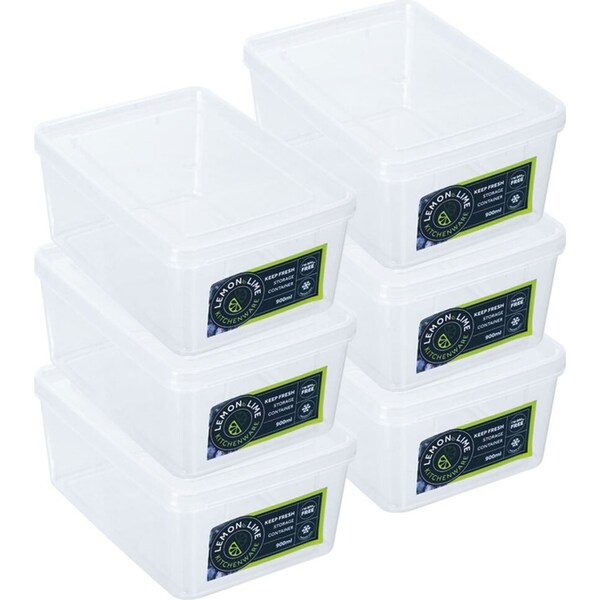 6x Lemon & Lime 900ml/16cm Keep Fresh Food Container/Rectangular Storage/Holder