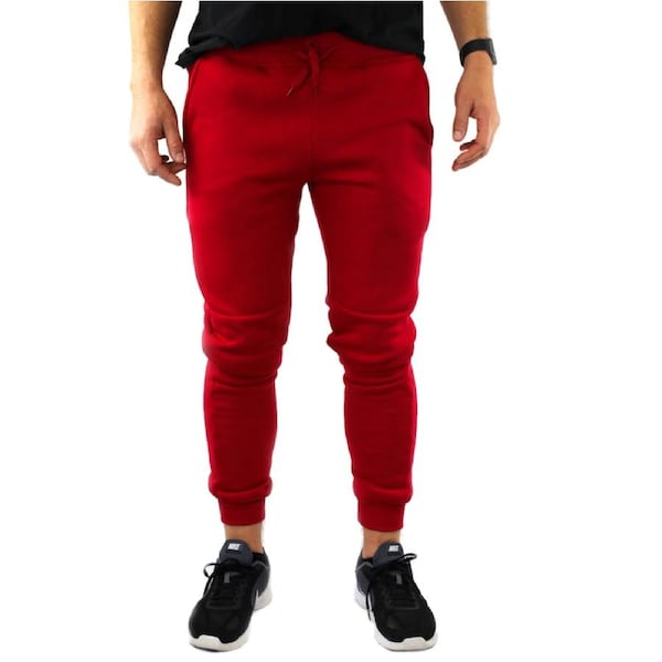Mens Skinny Track Pants Joggers Trousers Gym Casual Sweat Cuffed Slim Trackies Fleece Red / XXL