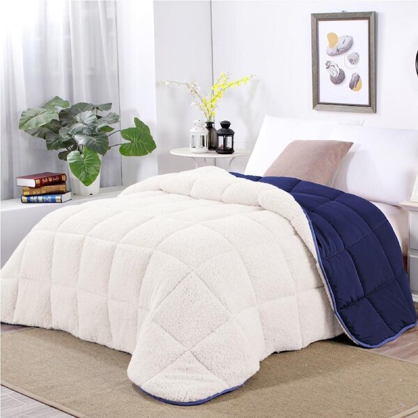 Shangri-La Linen Sherpa Fleece Reversible Comforter Set Queen / Sleet
