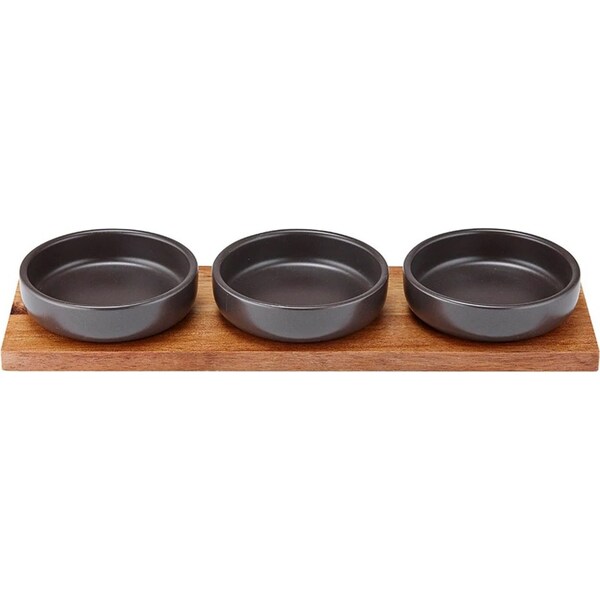 4pc Ladelle Host Charcoal 3 Snack Dine Stoneware Bowl/Spoon Acacia Paddle Set