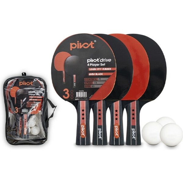Pivot Drive 3 Star 4 Player Table Tennis/Pin Pong Set w/4 Racquet Bats/3 Balls