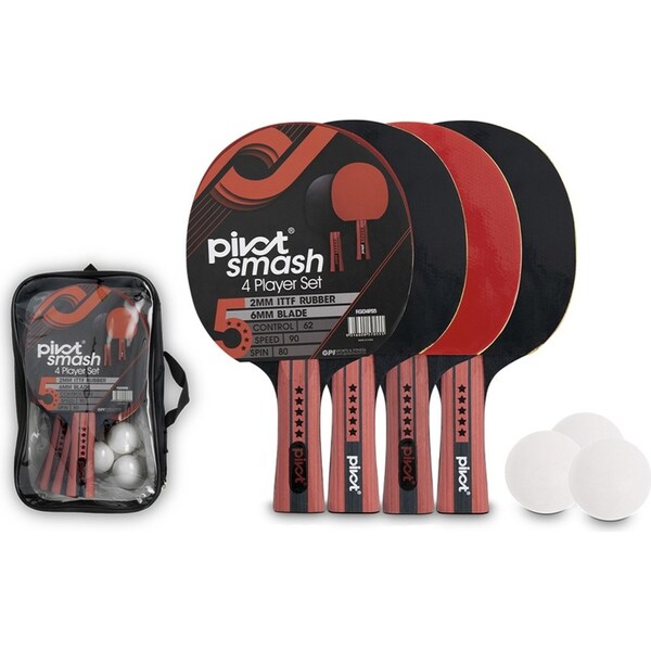 Pivot Smash 5 Star 4 Player Table Tennis/Pin Pong Set w/4 Racquet Bats/3 Balls