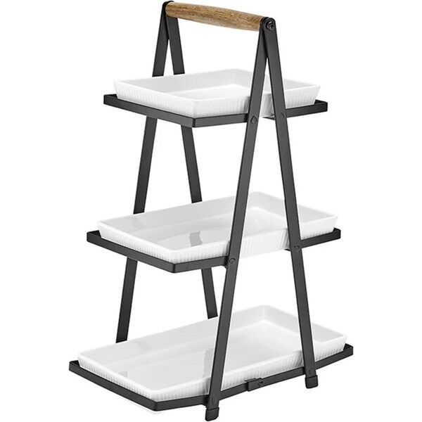 Ladelle Classica 3 Tier Cheese/Olive Serving Tower Porcelain/Wood Platter Plate