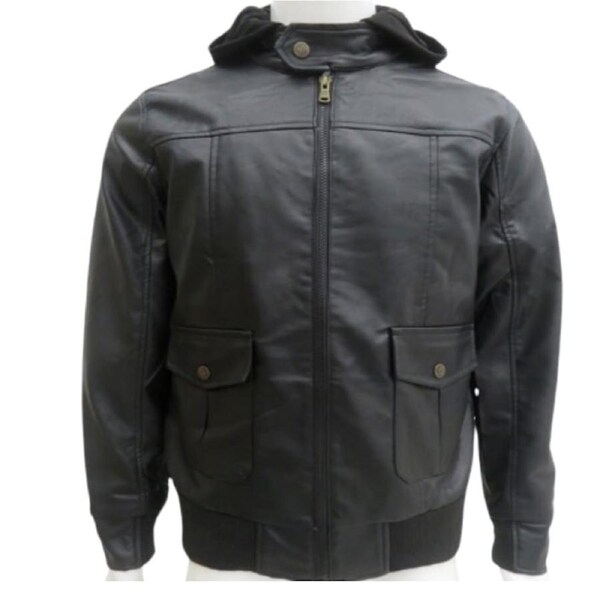 Phat Farm Mens Vinyl Bomber Jacket w/ Hood Warm Winter Pleather Hoodie - Black M