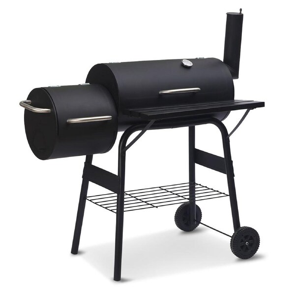 Wallaroo 2-in-1 Portable Barbecue Grill & Offset Smoker with Thermometer & Work Shelf - Heavy-Duty Outdoor BBQ Smoker with Wheels & Charcoal Storage Rack for Camping, Hiking, Parties & Picnics