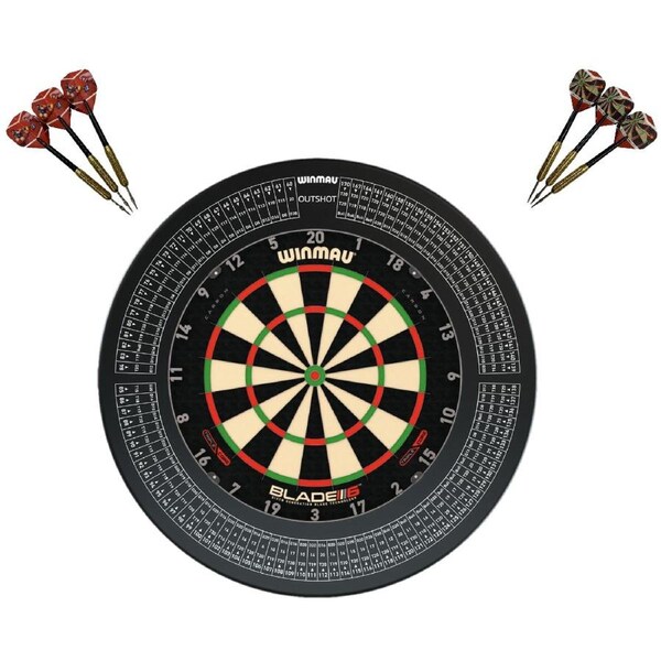 Winmau Blade 6 TRIPLE CORE Dart Board + OUTSHOT Dartboard Surround + Darts