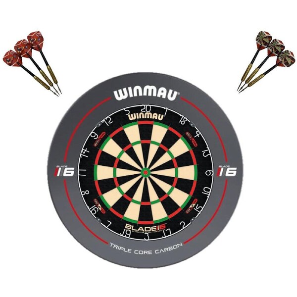 Winmau Blade 6 DUAL CORE Dart Board + BLADE 6 Grey Dartboard Surround + Darts