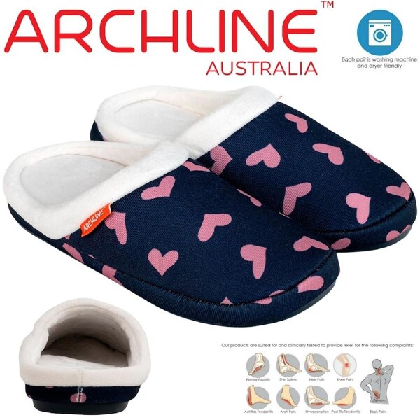 ARCHLINE Orthotic Slippers Slip On Scuffs Pain Relief Moccasins - Navy with Hearts EUR 38 (Womens US 7)