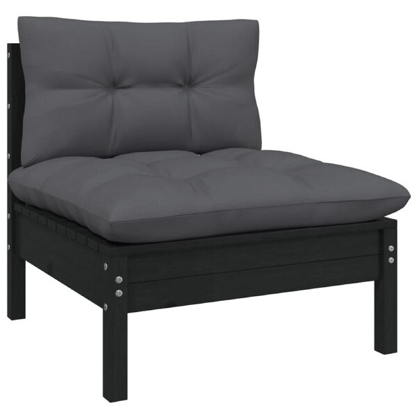 Garden Middle Sofa with Cushions Black Solid Pinewood vidaXL