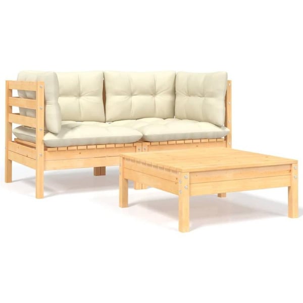 3 Piece Garden Lounge Set with Cream Cushions Solid Pinewood vidaXL