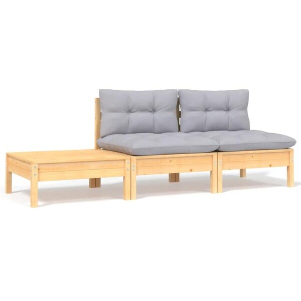 3 Piece Garden Lounge Set with Grey Cushions Solid Pinewood vidaXL