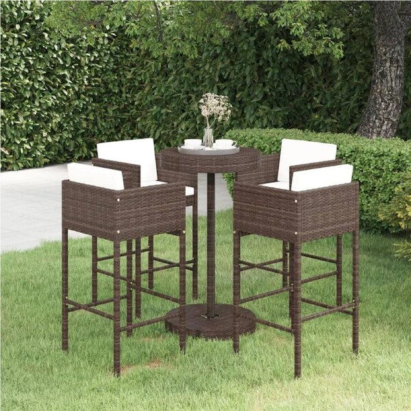 5 Piece Garden Bar Set with Cushions Poly Rattan Brown vidaXL