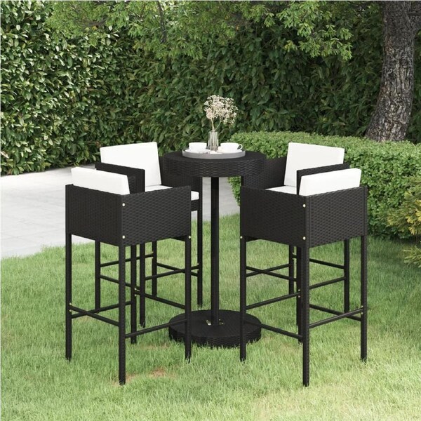 5 Piece Garden Bar Set with Cushions Poly Rattan Black vidaXL