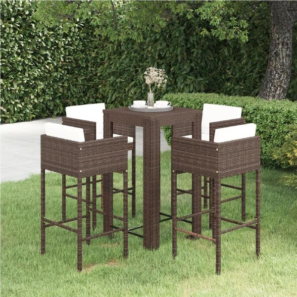 5 Piece Garden Bar Set with Cushions Poly Rattan Brown vidaXL