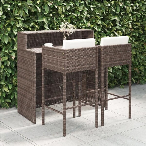 3 Piece Garden Bar Set with Cushions Poly Rattan Brown vidaXL