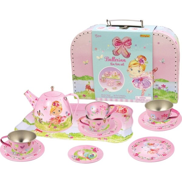 15pc Champion Pretend Play Ballerina Tin Tea Pot Tray Plate Suitcase Set Kids 3+