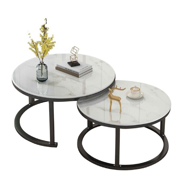 Foret Coffee Table 80cm Side Tables 2pc Set Tea Marble Look Tempered Glass Top