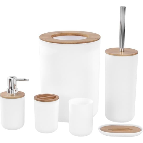 6pc Boxsweden WH Bathroom Set Soap Dispenser/Toilet Brush/Toothbrush Holder/Bin