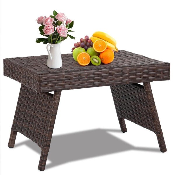 Costway Side Coffee Table Outdoor Furniture Folding Rattan Table Indoor Garden Patio Poolside