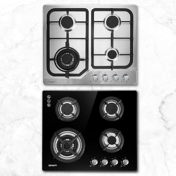 Devanti Gas Cooktop 60cm 4 Burner Black White