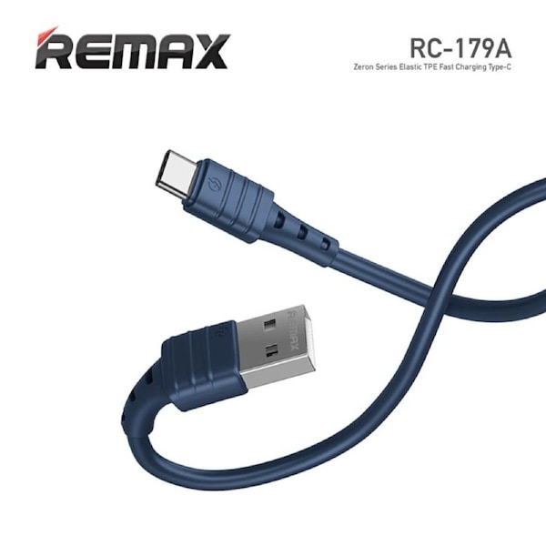 Remax Zeron Series Elastic Tpe Fast Charging Data Cable Usb To Type C Blue #RC-179a