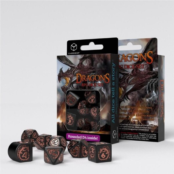Q Workshop Dragons Black & Copper Modern 7 Dice Set