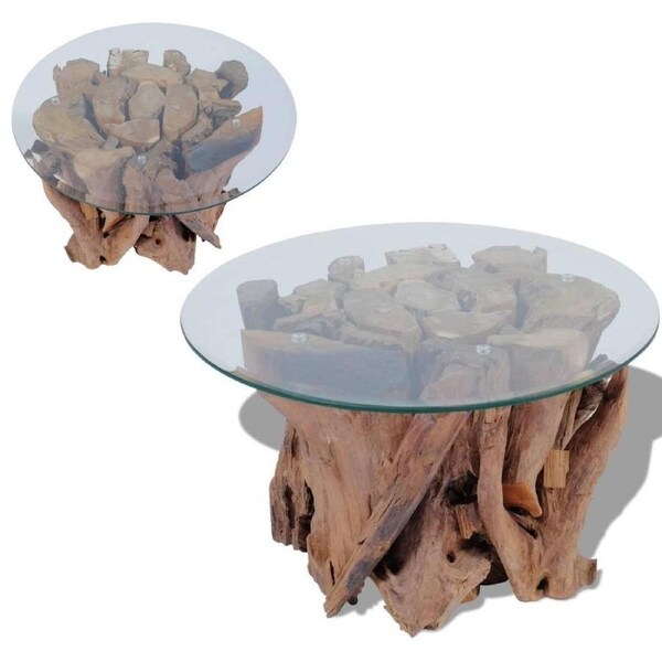 Retro Style Lounge Furniture Wooden Base Round Glass Top Handmade Coffee Table