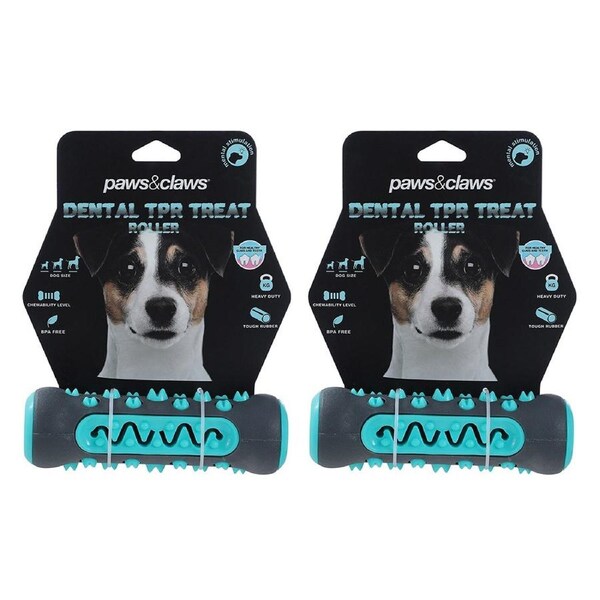 2x Paws & Claws Dog/Pet 15cm Rubber Treat Roller Bone Dental Chew Toy Black/Teal